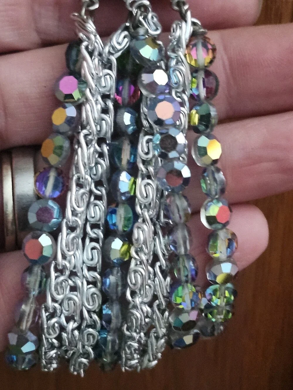 Stylish Multi-Row Iridescent Bead and Silver-Tone Bracelet